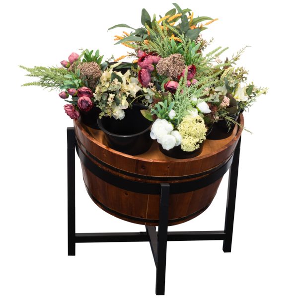 FPB660 CP flower pots in wooden barrel on metal stand cherry pine filled.jpg