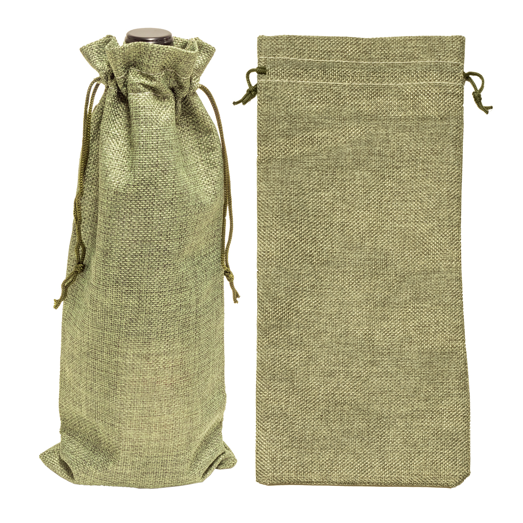 HP340 OGN hessian look drawstring bottle bag 150x340mm olive green with wine bottle.jpg