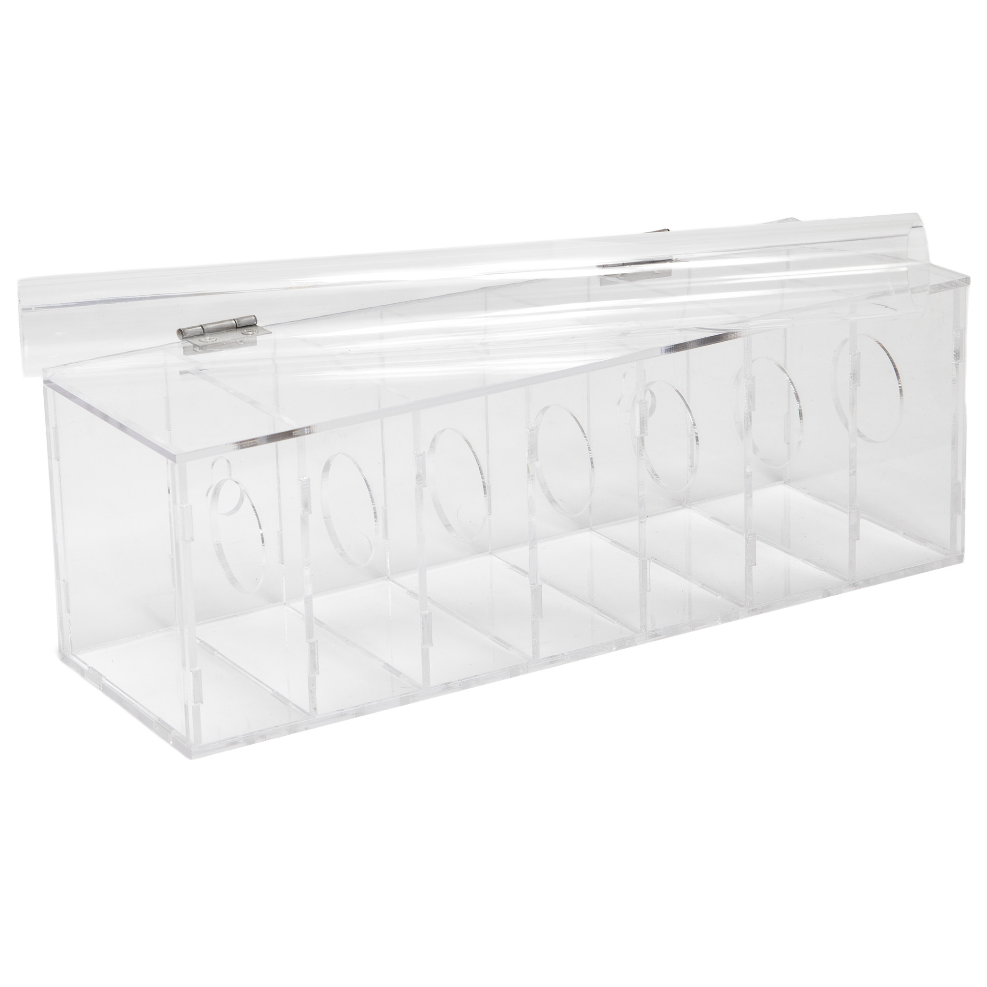 DWLCAB-7E - clear acrylic box with 7 sections for Day of the Week sticker rolls and a hinged lid - empty - central core on top