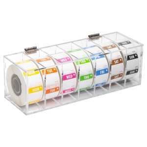 DWLCAB-7F - clear acrylic box with 7 sections and a hinged lid - filled with day of week stickers