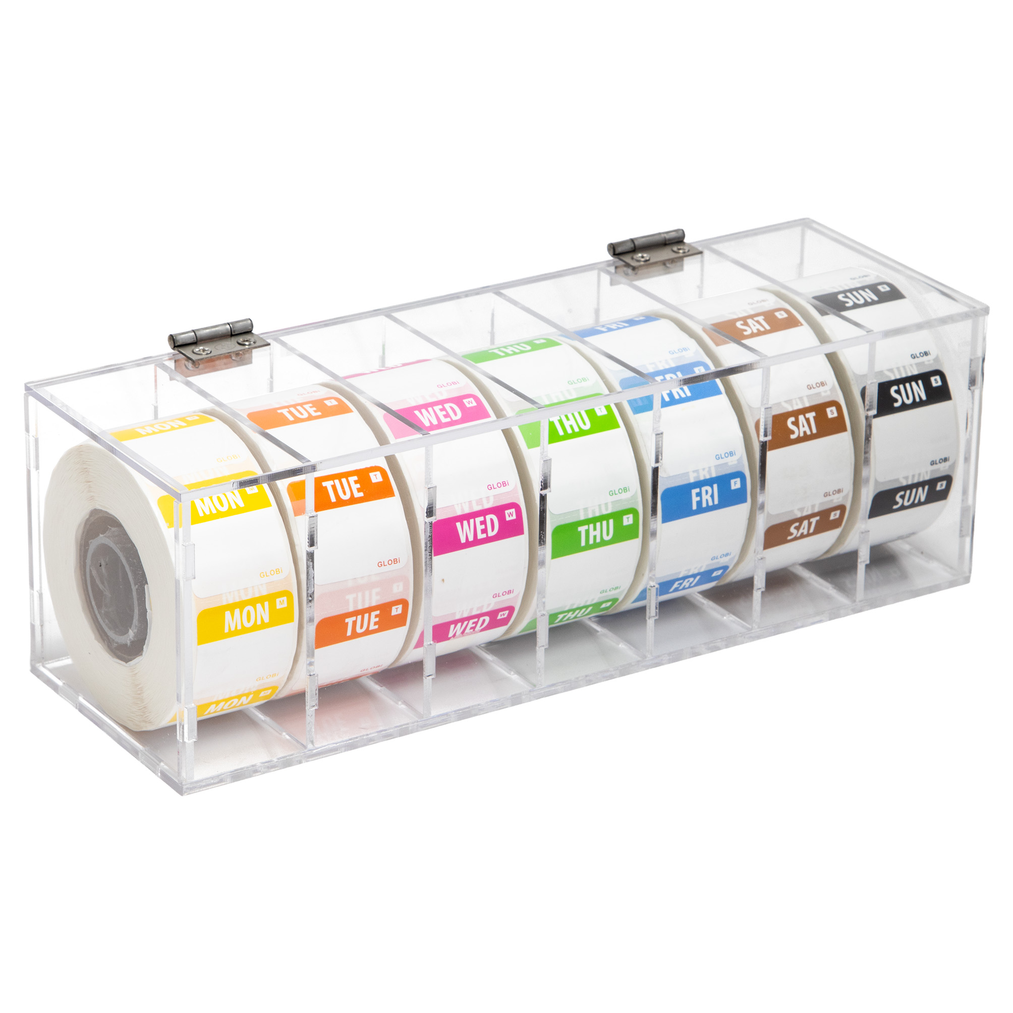 DWLCAB-7F - clear acrylic box with 7 sections and a hinged lid - filled with day of week stickers