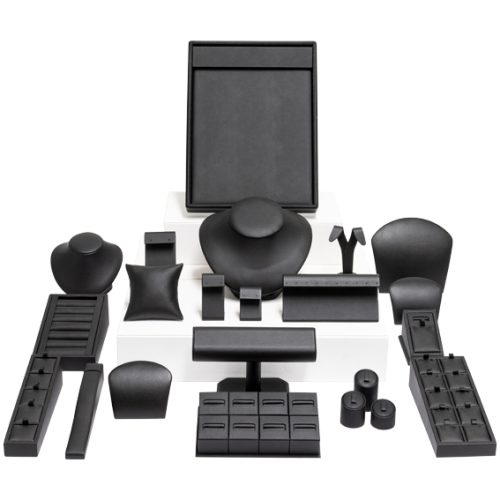 Black leatherette window display set on white leatherette blocks 1